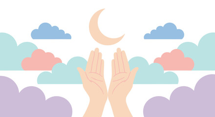 Hands reach for the moon in a dreamy pastel sky filled with fluffy clouds.