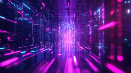 Digital data flowing through abstract neon tunnel
