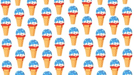 Seamless looping animation featuring ice cream cones in patriotic red, white, and blue colors. Perfect for summer themes, holiday celebrations, Independence Day, festive backgrounds