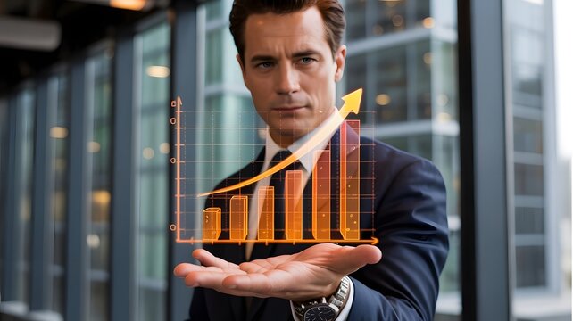 Businessman holding a glowing orange bar graph with rising arrow, symbolizing financial growth, business success, performance improvement, data analytics, and futuristic economic progress.