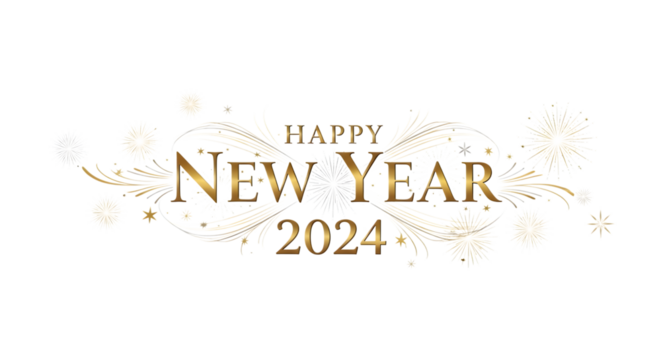 Happy new year 2024 isolated on transparent background with golden floral design