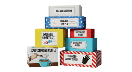 Collection of gag gift boxes isolated on transparent background with funny labels