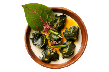 Rourou cooked taro leaves in creamy coconut milk, served in wooden bowl with garnishes, isolated on white transparent background, concept of Fiji cuisine