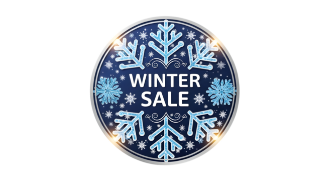 Winter sale sticker isolated on transparent background with snowflake decorations