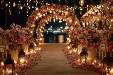 Elegant wedding arch with delicate flowers, candles, and twinkling lights in a fantasy setting