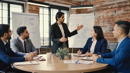 Diverse Business Team Brainstorming in Modern Office: Presentation, Collaboration, Data Analysis, and Strategic Planning for Success - Powered by Adobe