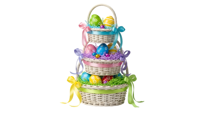 Tower of easter baskets filled with colorful eggs isolated on transparent background