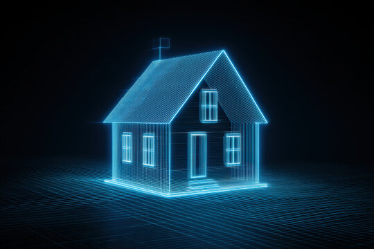 Minimal neon AR home scan icons with lidar waves and wireframe house on white background - Powered by Adobe