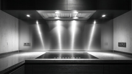 Brushed steel backsplash with linear grain texture and dramatic shadow play