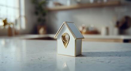 Vibrant photo of house location pin on marble kitchen counter, real estate and property concept