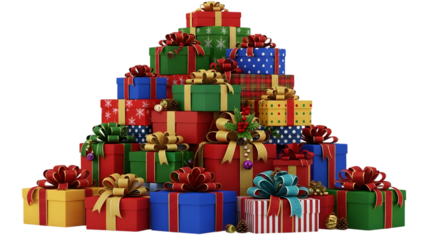 Stack of colorful christmas presents isolated on transparent background