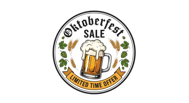 Oktoberfest sale limited time offer with beer isolated on transparent background