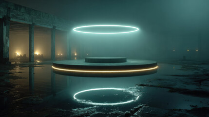 Floating circular platform with neon ring glow on navy blue background