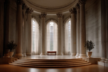Three round-capped columns on platform in sunlit room with soft shadows