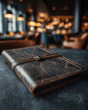 Close-up of leather menu cover with elastic cord and textured corners in restaurant