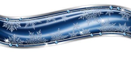 Elegant blue ribbon with silver accents and snowflakes isolated on transparent background