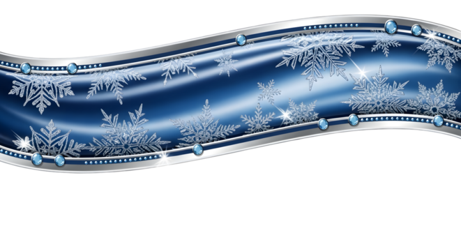 Elegant blue ribbon with silver accents and snowflakes isolated on transparent background