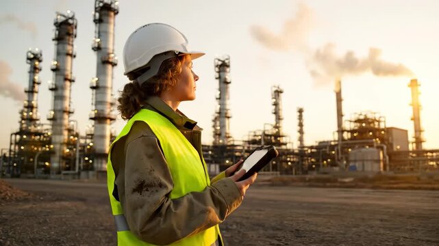 Engineer uses tablet for inspection. Woman worker checks oil refinery site. Focus on safety and industrial operations. Tablet used for monitoring and reporting. Technician logs inspection data daily.