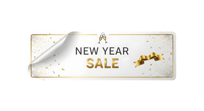 New year sale banner with golden accents isolated on transparent background