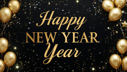 Golden Balloons and Confetti on Black Background Celebrating Happy New Year celebration