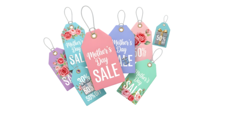 Mothers day sale tags with floral designs isolated on transparent background