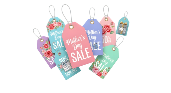 Mothers day sale tags with floral designs isolated on transparent background