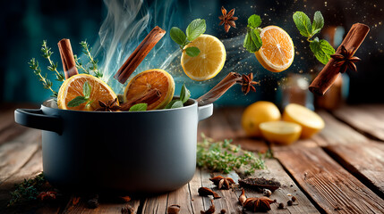 A stovetop pot simmers with citrus slices, cinnamon sticks, and herbs. Steam rises, creating a cozy winter aroma in a rustic kitchen setting.