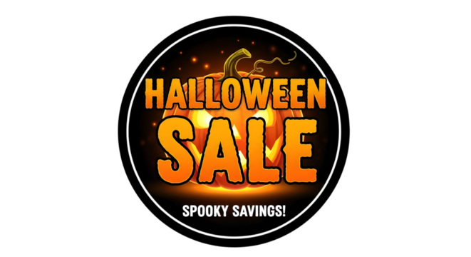 Halloween sale sticker isolated on transparent background with spooky savings