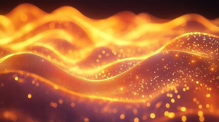 Golden particles flowing on abstract digital wave background