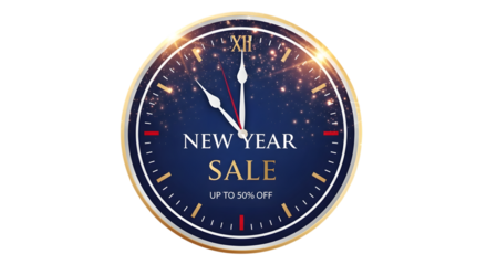 New year sale clock isolated on transparent background, up to 50 off