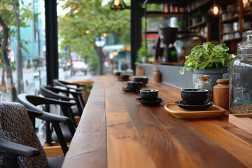 Coffee shop table with QR code payment, cups, tray, and chairs in natural daylight