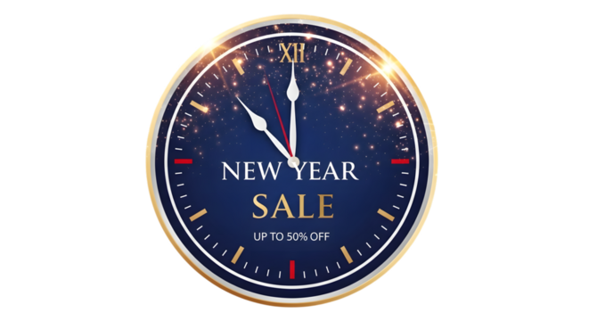 New year sale clock isolated on transparent background, up to 50 off