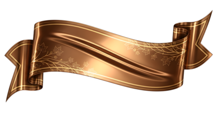 Elegant brown ribbon banner isolated on transparent background with floral design