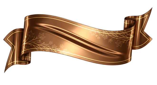 Elegant brown ribbon banner isolated on transparent background with floral design