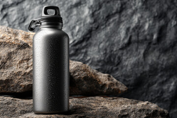 Realistic water bottle with blank label and condensation on stone surface