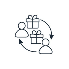 Exchange of gifts. Give and receive surprises in boxes.Vector linear icon isolated on white background.
