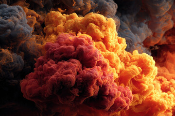 Dramatic swirling yellow, black, red, and gray smoke clouds against dark sky