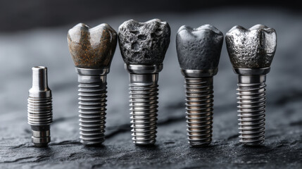 Exploded view of dental implant components with rim lighting on dark slate background