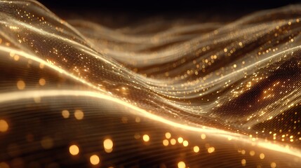 Gold data waves flowing with glittering particles moving