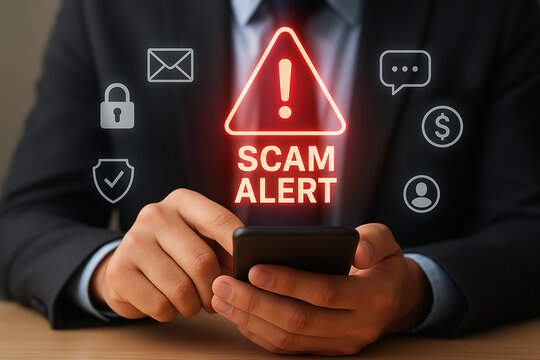 Man holding a smartphone displaying a scam alert warning symbol, representing digital security, online fraud, data protection, and identity theft prevention