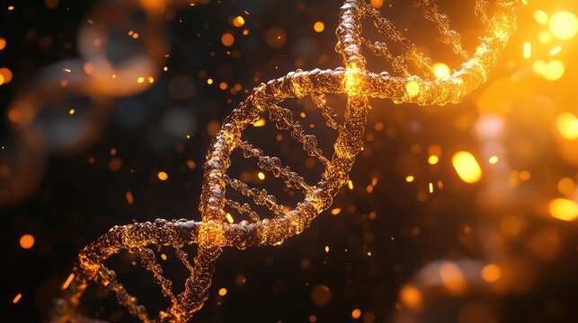 Golden dna helix code structure glowing brightly