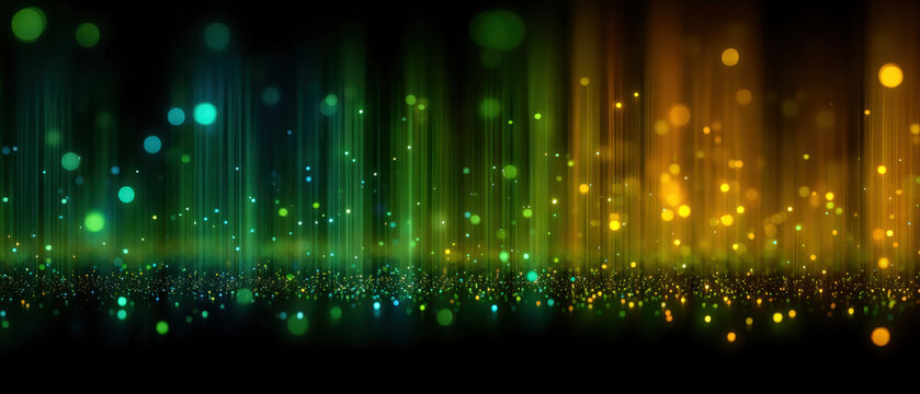 Defocused emerald bokeh rain with vertical streams and clean center band on black background