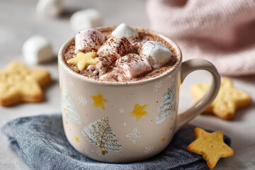 Cozy hot cocoa with marshmallows and star cookies on white background flat lay
