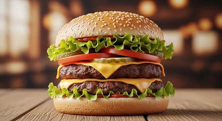 A towering double cheeseburger with fresh lettuce, tomato, onion, pickles, and melted cheese on a sesame seed bun