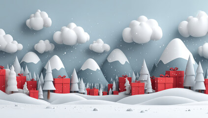 Red gift boxes on snowy mountain landscape in winter with space for text