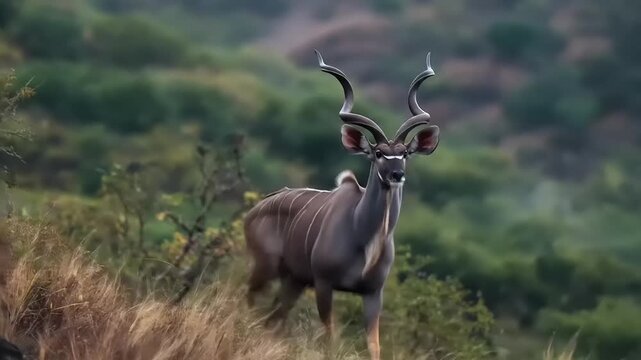 Majestic kudu antelope standing on hillside in natural habitat