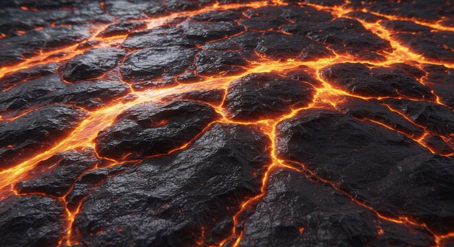 Closeup of molten orange lava glowing through cracks in dark textured solidified volcanic rock