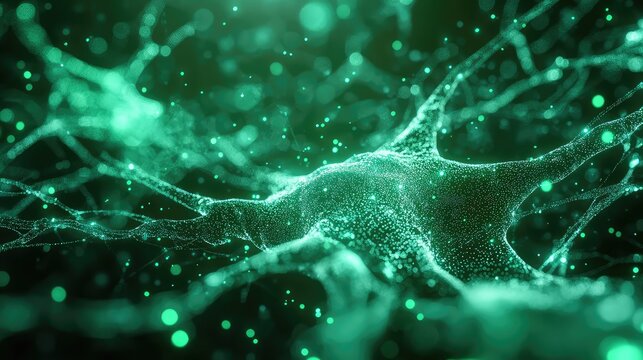 Neuron network forming synapses with glowing particles