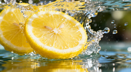 Slices of Lemon on the background of splashing water with movement