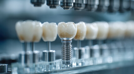 Titanium abutment with zirconia crown on glass shelf with acrylic supports in sharp focus